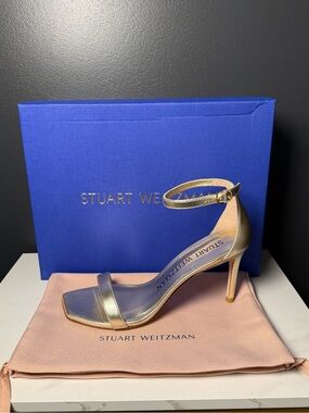 Stuart Weitzman Gold Ankle-Strap Satin Heel
